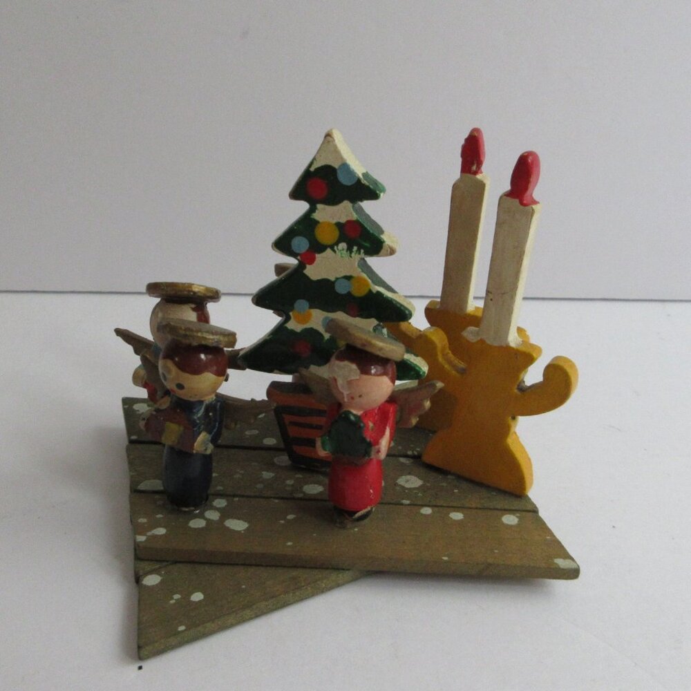 Mini Wooden Choir Angels, Tree, Candles Expanding Accordion Decoration Japan Vtg - Picture 5 of 16